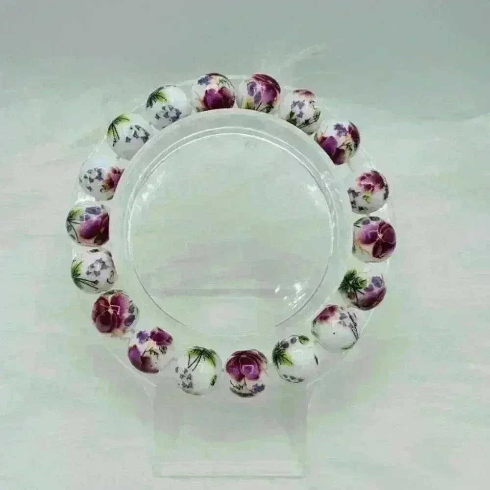 Chinese-Style Ceramic Purple Floral Beads Stretch Bracelet - Picture 4 of 6